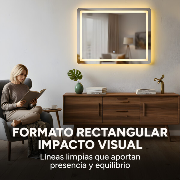 Espejo Rectangular Baño Táctil 3 Modos Retroiluminado 90X70 Rectangular