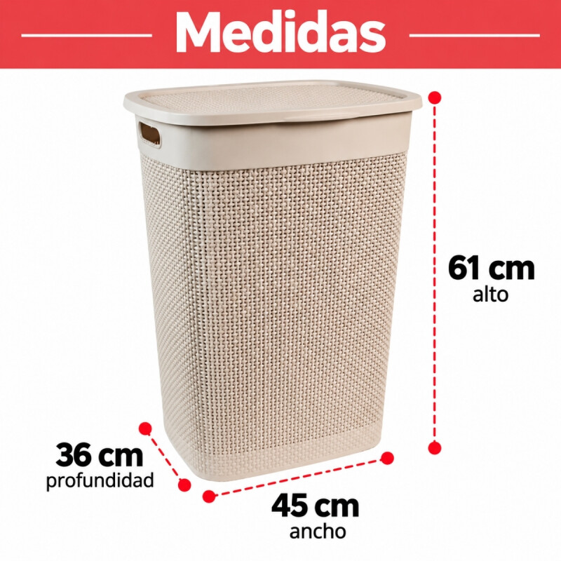 Cesto para ropa simil ratán con tapa 55 lts ARENA