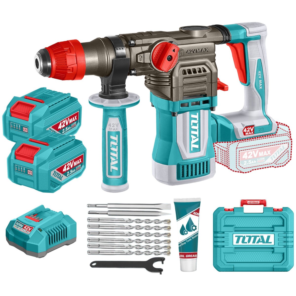 Rotomartillo Inalámbrico 42v Sds Plus Sin Carbones - 2 Baterías 2.5Ah, Cargador Y Maletín 