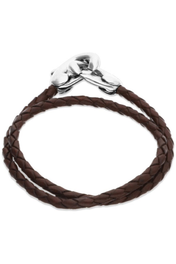 PULSERA DE CUERO DOBLE MARRÓN CON MOSQUETÓN ENTRELAZADO BAÑADO EN PLATA Pulsera