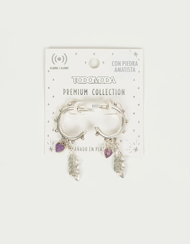 Aros Argollas Bañada en Plata Aros Argollas Corazón Amatista - Plateado