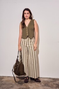 Jean Wide Leg Rayado Oliva Y Crema