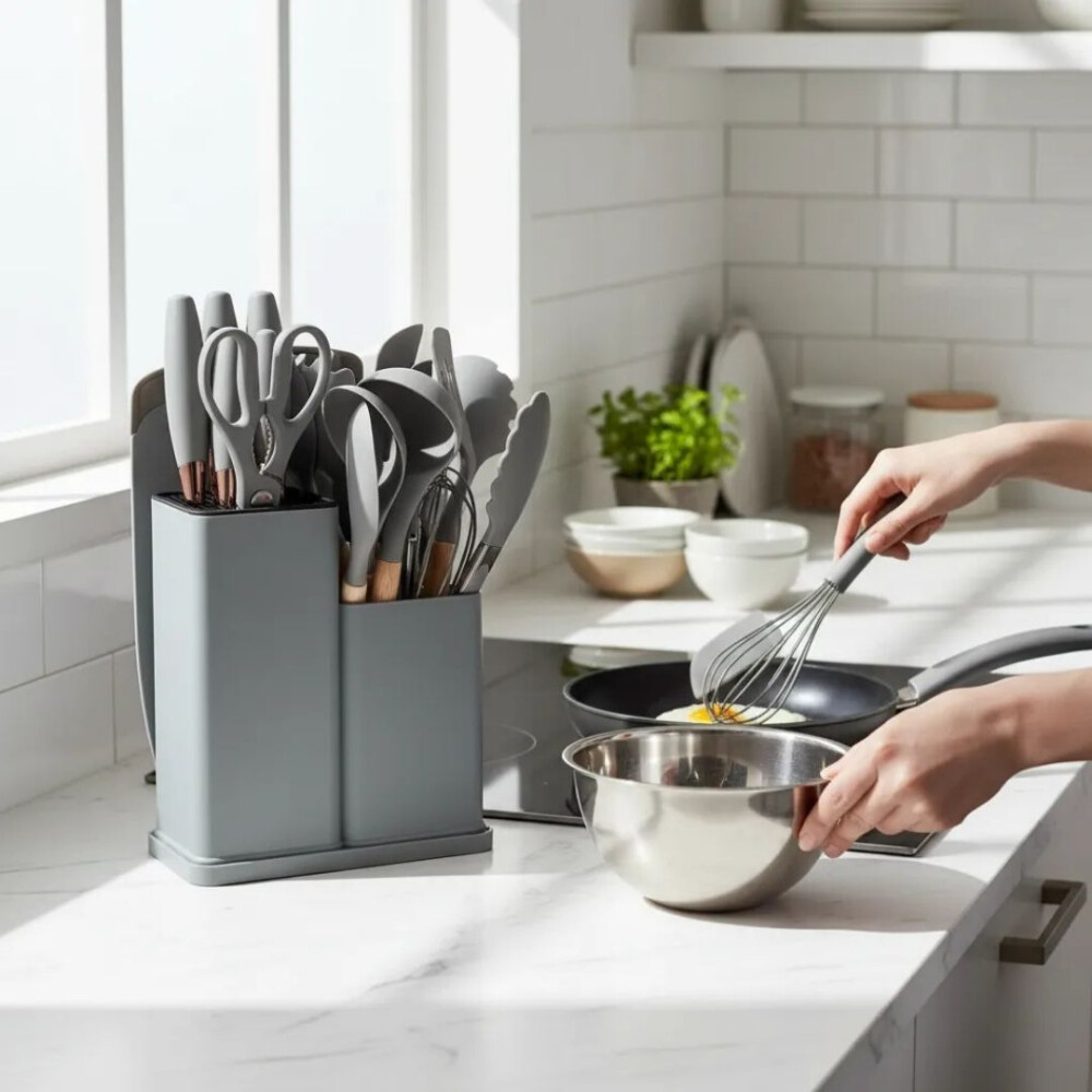 Kit De Menage 19 Utensillos De Cocina+organizador GRIS