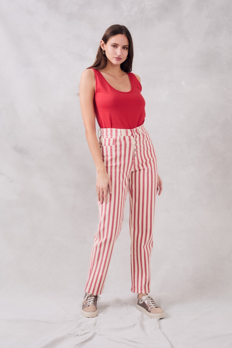 Jean Rayado Botones Rojo