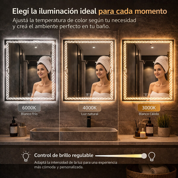 Espejo De Baño Led 60 X 80cm Led12 Desempañador ESPEJO RECTANGULAR LED12 60X80