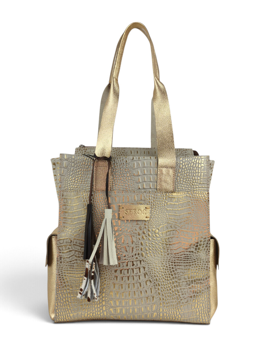 Bolso Tote de Cuero Vacuno y Pelo Natural - Croco beige y dorado 