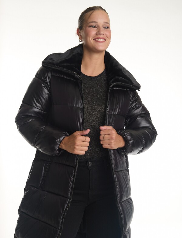 Campera Puffer Satinada Con Cuello De Piel NEGRO