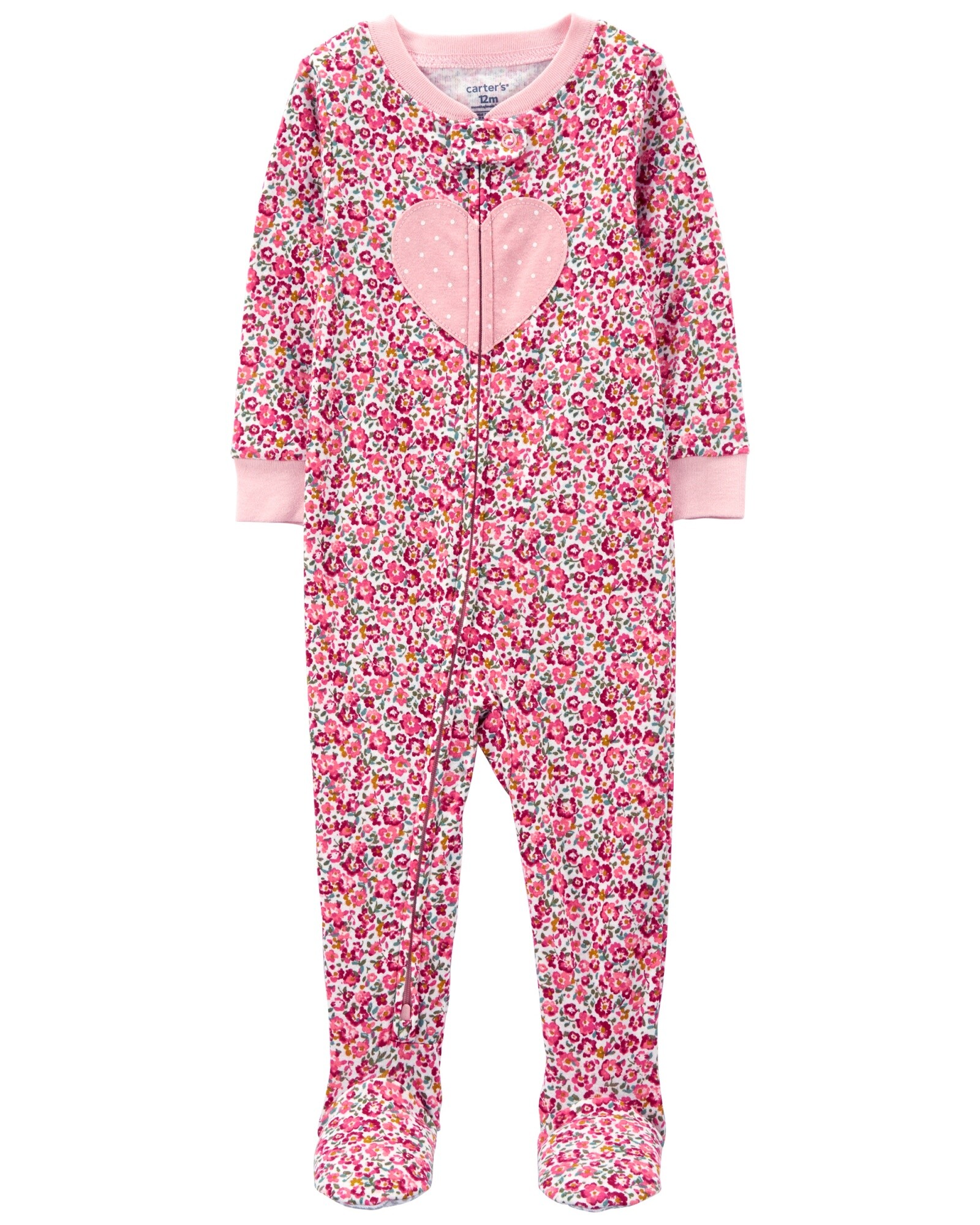 Pijama uno pieza de algodón, con pie, diseño floral y estampa corazón Sin color