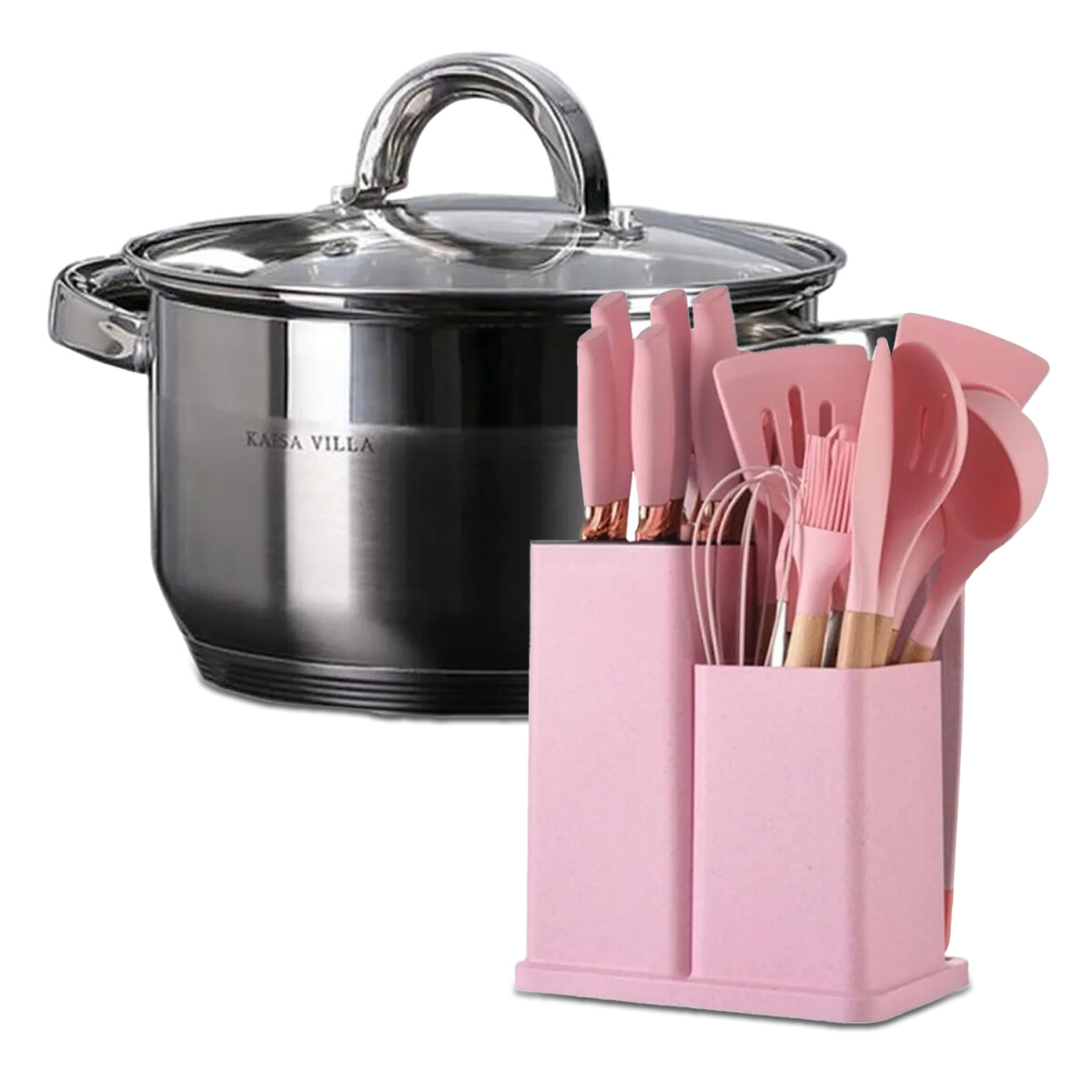 Set Cocina Utensilios Practico 19Pzs + Olla Acero Inoxi 22cm - Rosa 