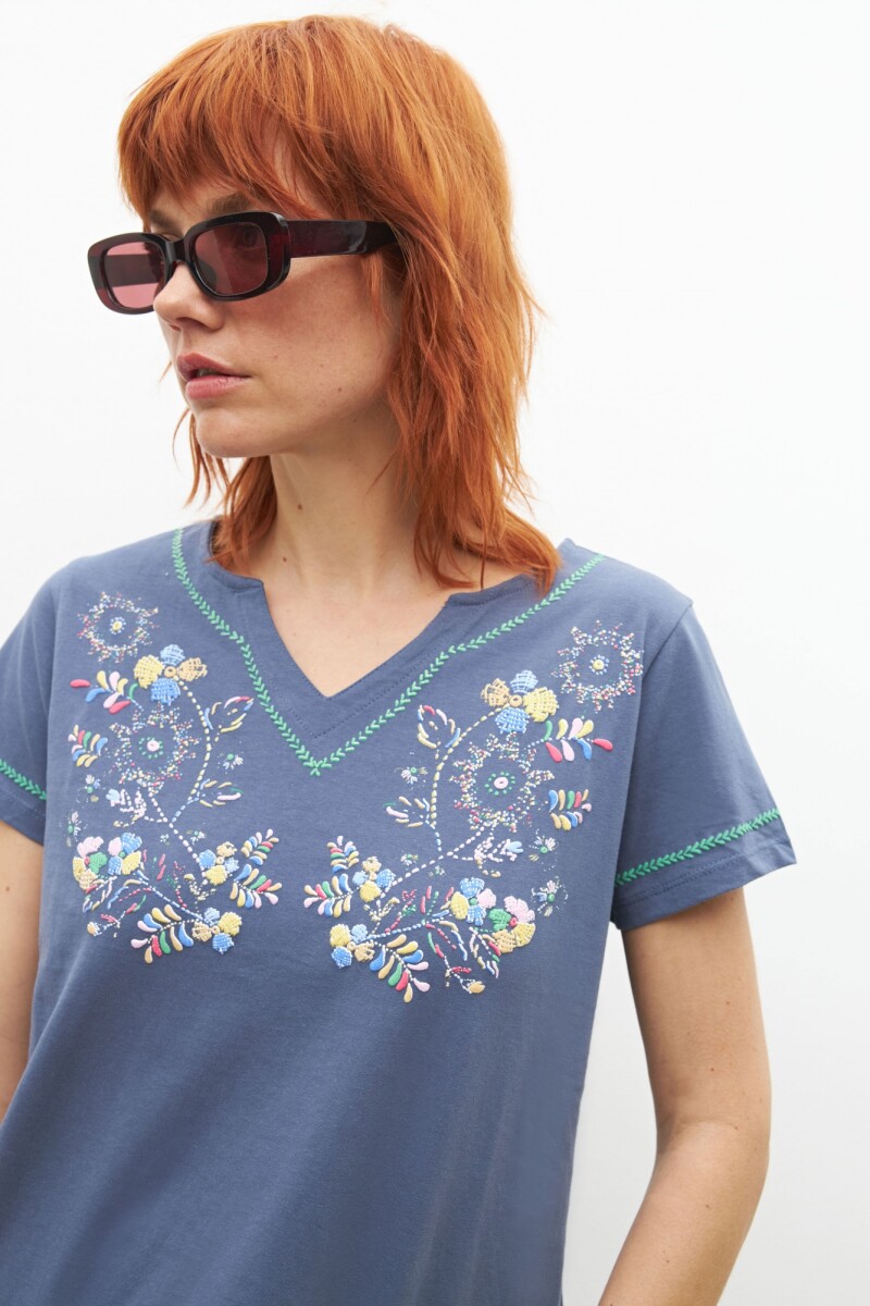 Remera puff print floral azul piedra