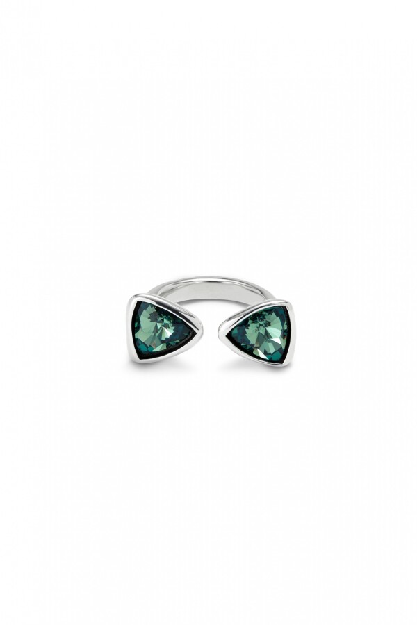 ANILLO EN ALEACIÓN DE METALES BAÑADO EN PLATA DE LEY CON DOS CRISTALES VERDES Anillo