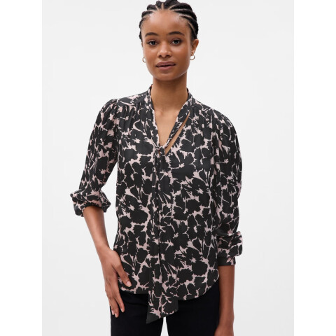 LS VNK TIE NECK TOP SP OCT FLORAL BLK