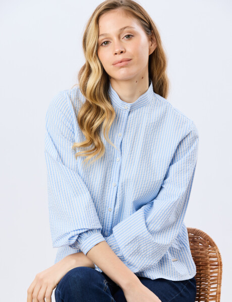 CAMISA RAYADA CON FRUNCES Celeste