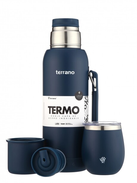 Kit Termo 1LT Con Base De Silicona + Mate De Acero Con Tapa Azul Opaco