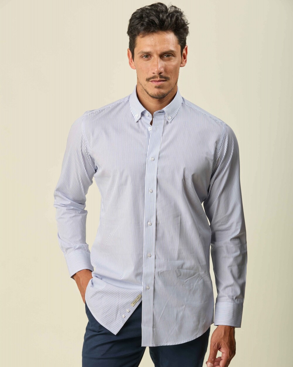 Camisa Sport Algodón Manga Larga Blanca Raya Azul