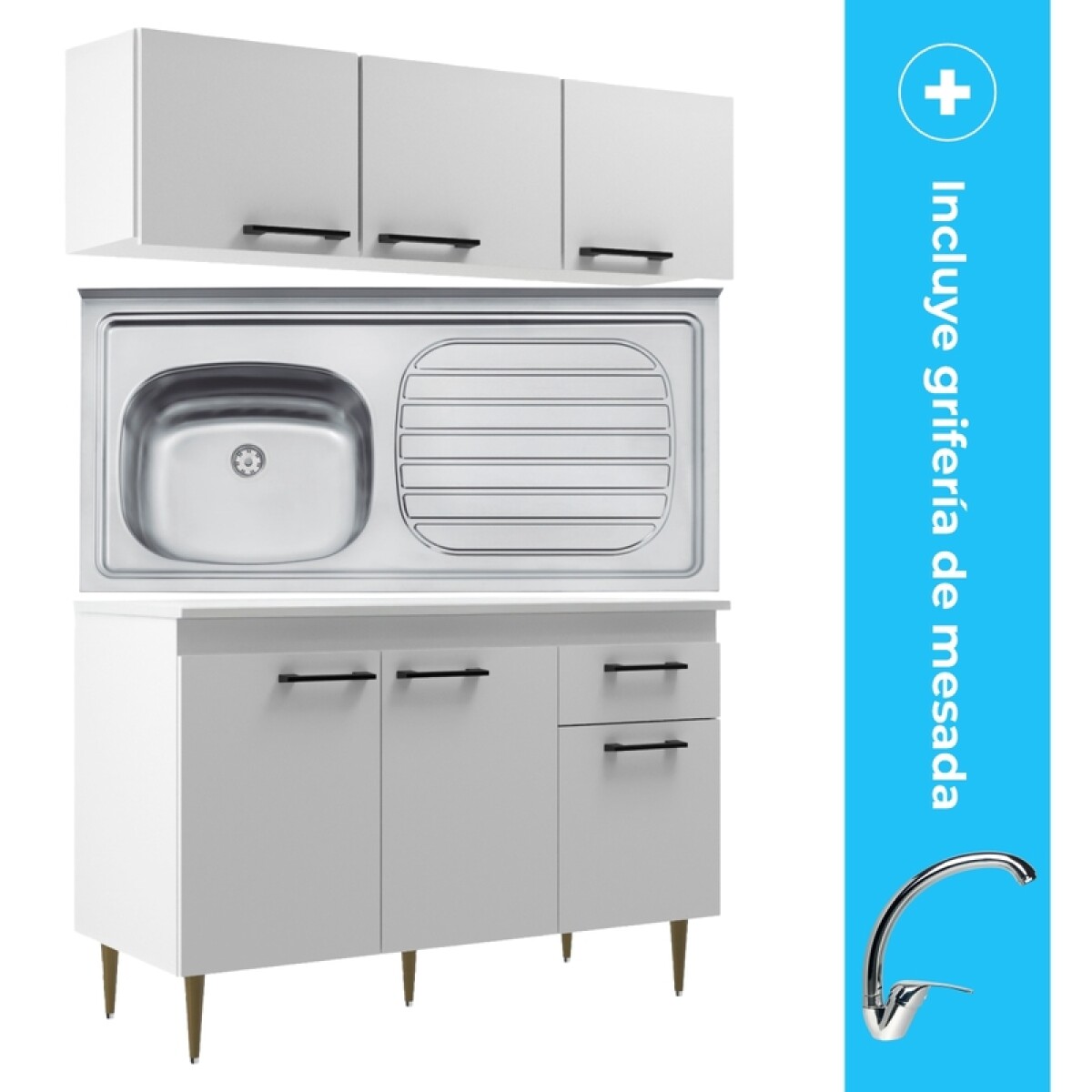 Kit de Cocina Bajo Mesada Pileta Izquierda Mueble Aéreo 3 Puertas y Grifería de Mesada Pico Alto 
