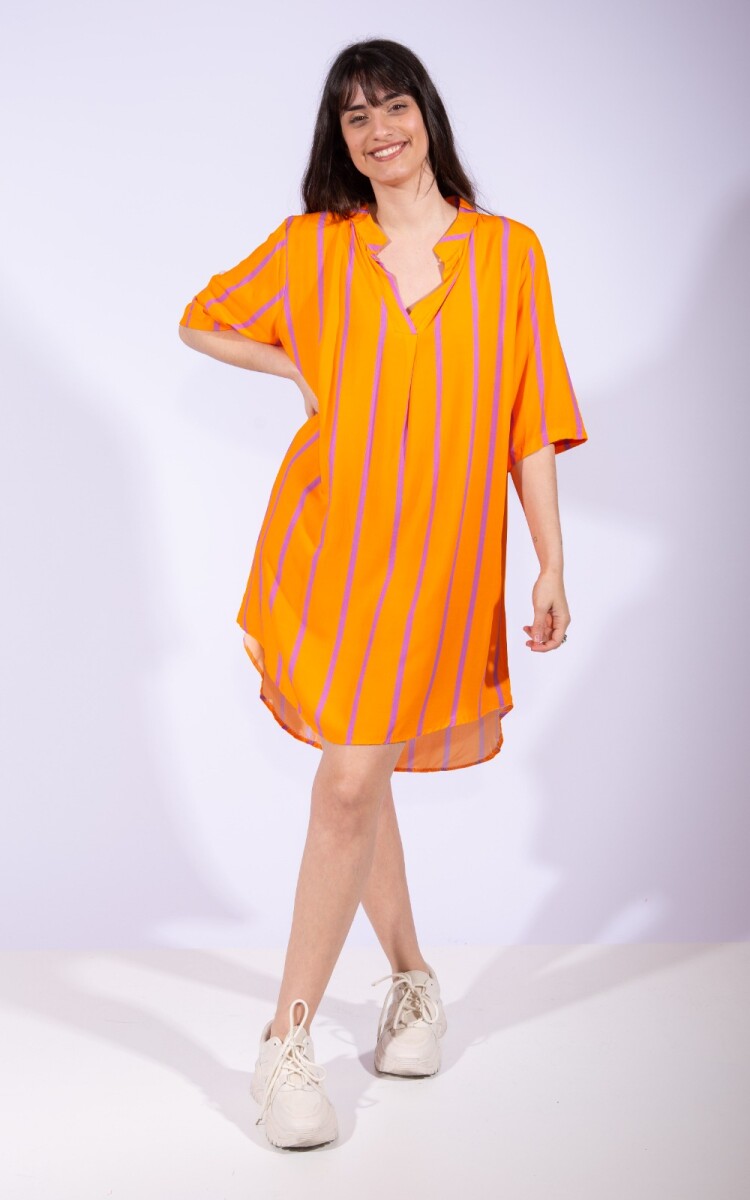 Vestido rayado escote v - Naranja 