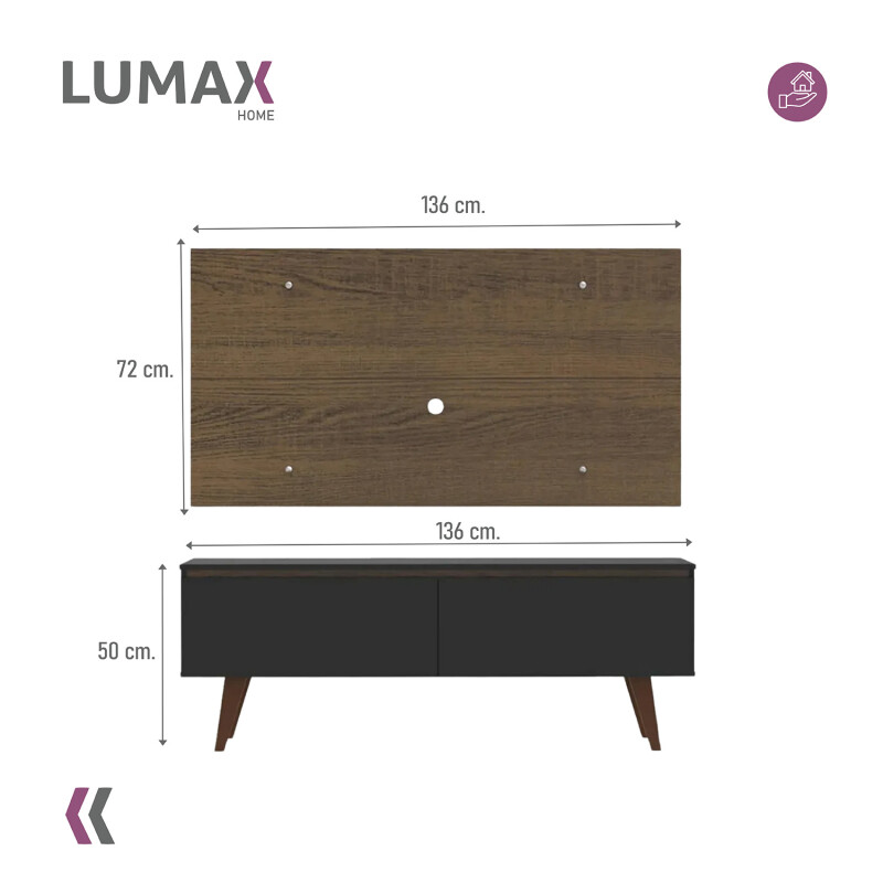 Rack TV mueble Lumax + panel rústico con estantes 55” Negro/Marron