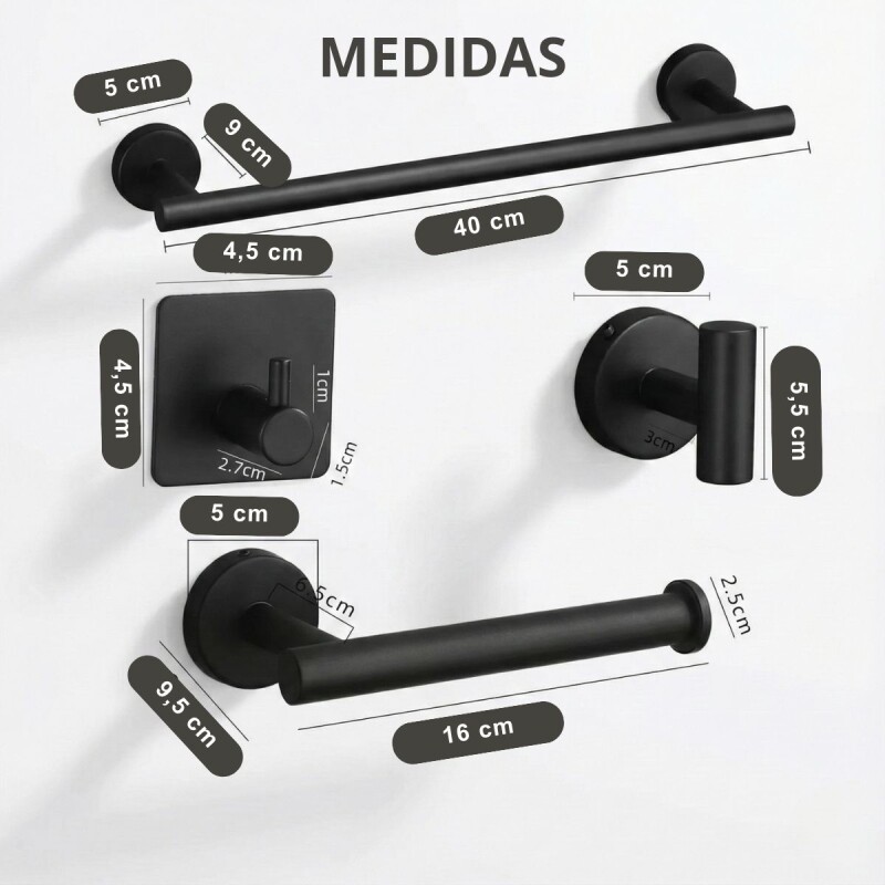 Kit 5 Accesorios Baño Completo 5 Pcs Acero Inox Premium Negro Kit 5 Accesorios Baño Completo 5 Pcs Acero Inox Premium Negro