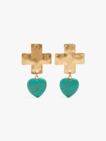 Pendientes Cruz Con Corazón De Piedra azul