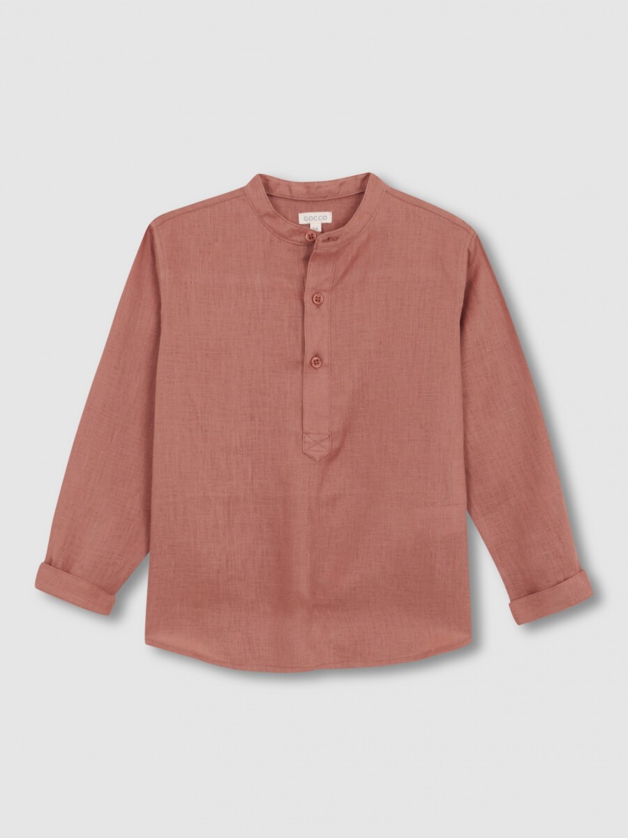 Camisa De Lino Cuello Mao Coral Claro