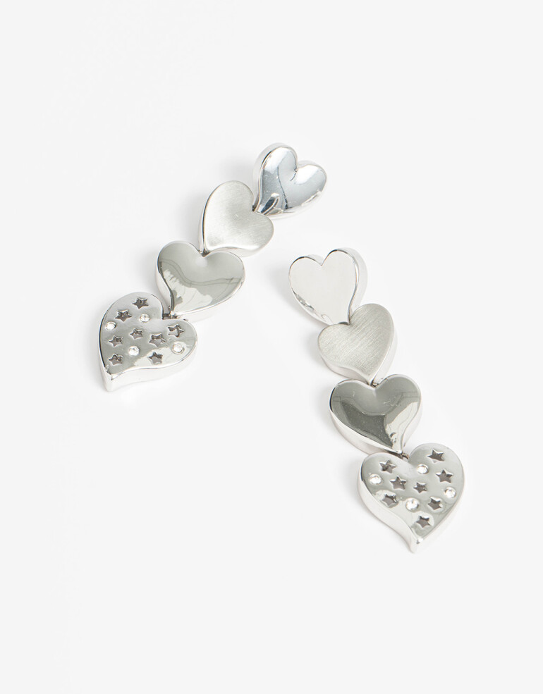 Aros Colgantes Largos Strass Aros Largos Corazones Strass - Plateado Rodio