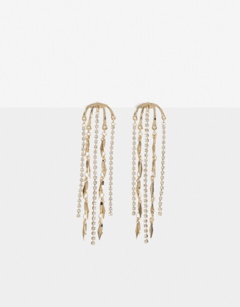 Aros Colgantes Largos Strass Aros Largos Cadenas Y Strass - Dorado