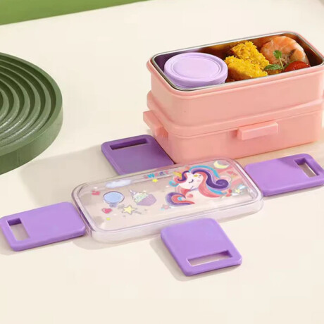 Vianda doble piso con cubiertos, division y tapa Rosado