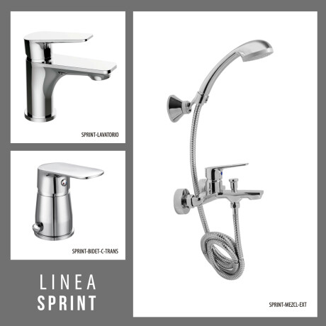 JUEGO COMPLETO DE GRIFERIA INCLUYE DUCHA EXTERIOR, LAVATRIO BAJO Y BIDET TERMINACION CROMO LINEA SPRINT CROMO