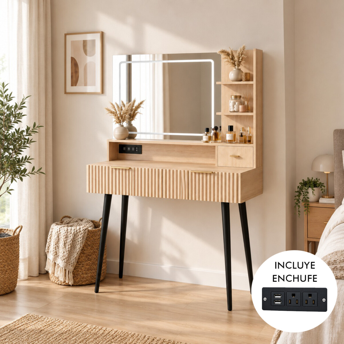 TOCADOR MAQUILLAJE MODERNO ESPEJO LUZ LED + ENCHUFE 3 CAJONES REPISAS ORGANIZADORAS PATAS METÁLICAS - RÚSTICO 