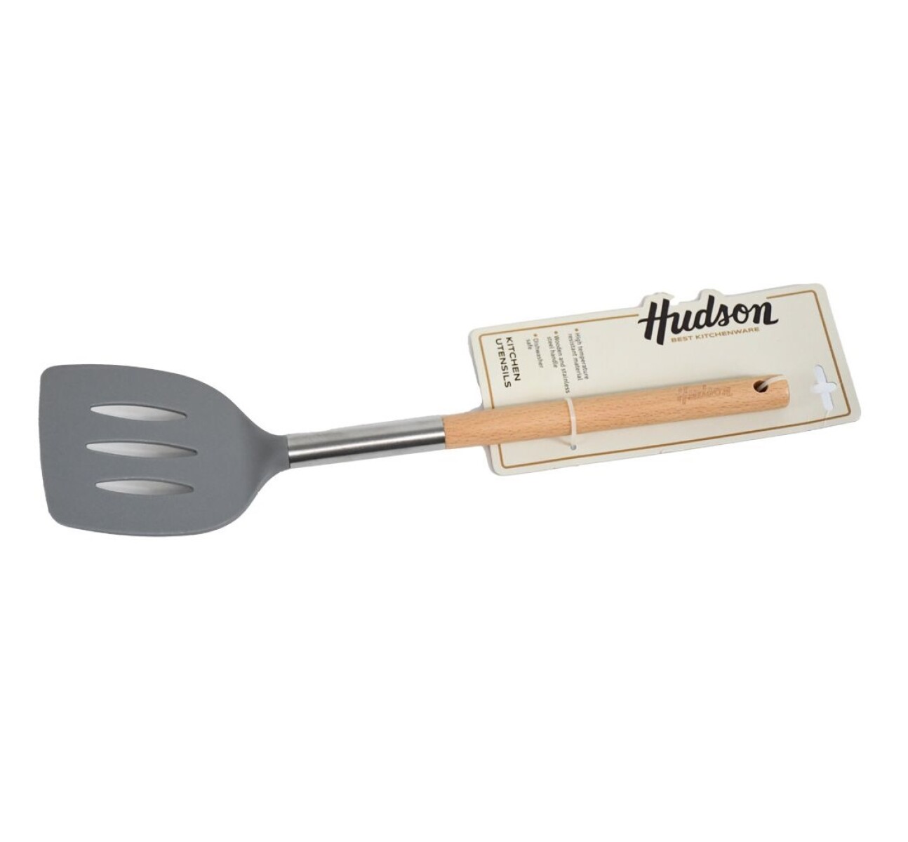 ESPATULA CALADA DE NYLON COLOR GRIS C/MANGO DE MADERA 