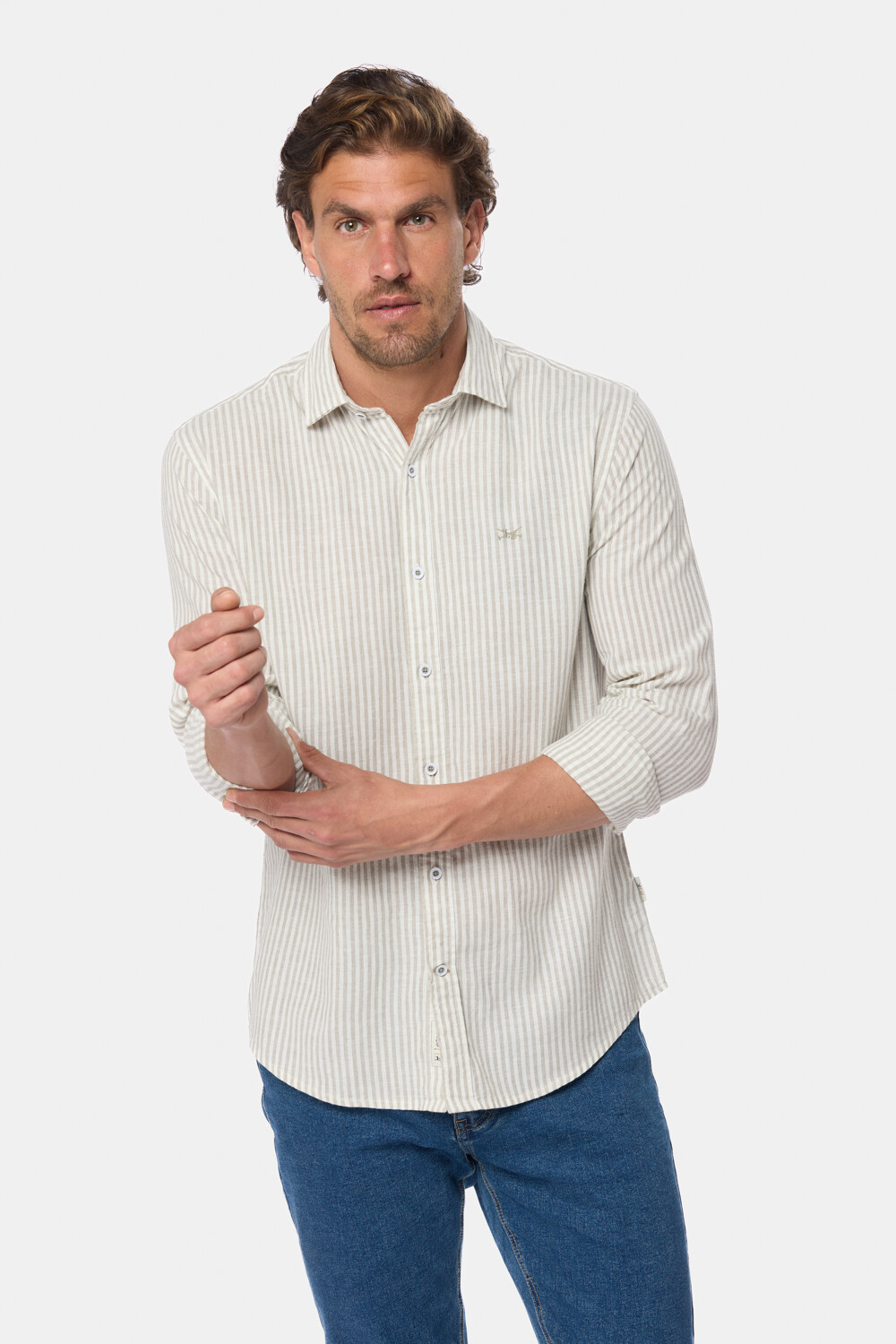 CAMISA DE LINO RAYADA Verde