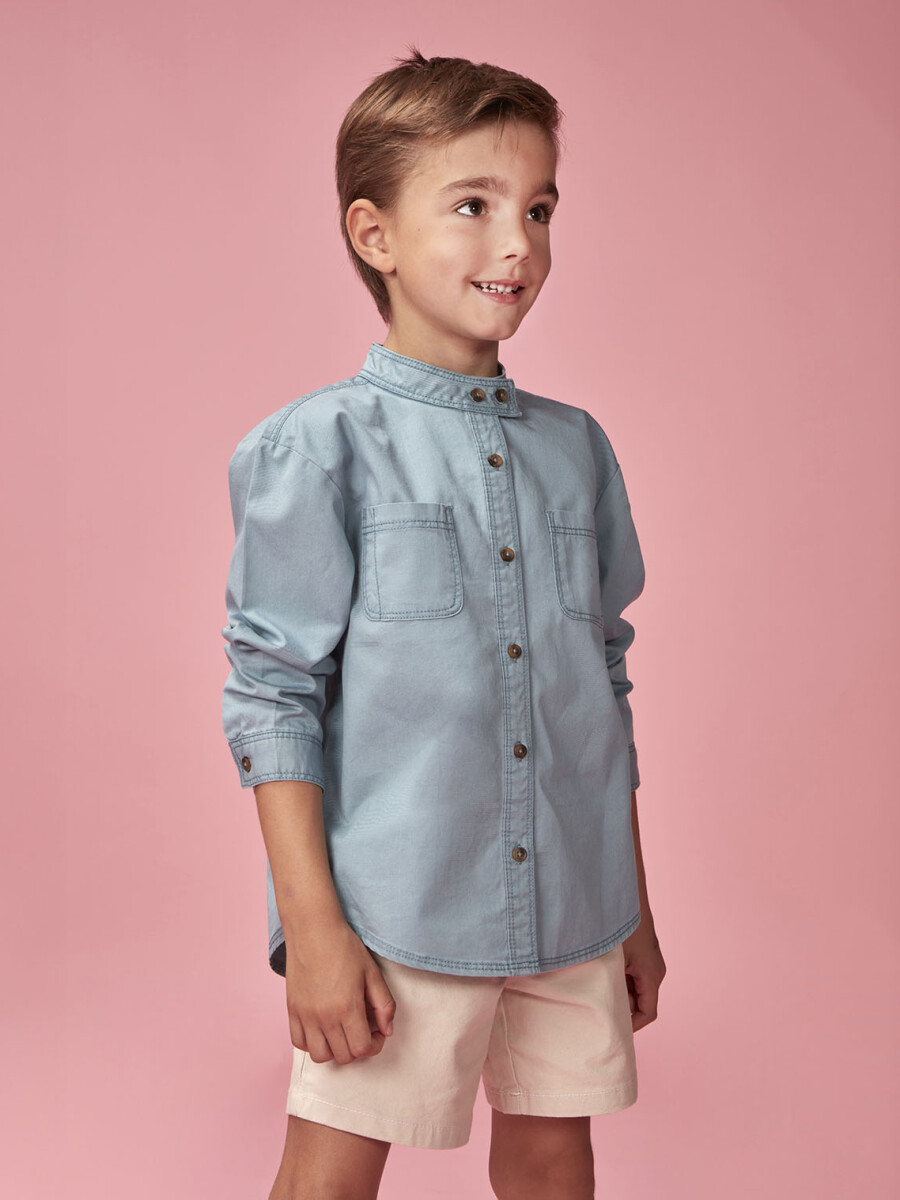 Camisa Cuello Mao Con Bolsillos Azulado