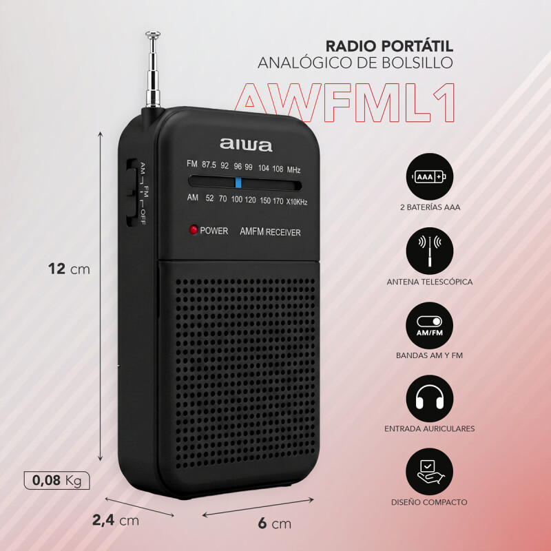 Radio Portátil Analógico de bolsillo AIWA AM/FM | AWFML1 Radio Portátil Analógico de bolsillo AIWA AM/FM | AWFML1