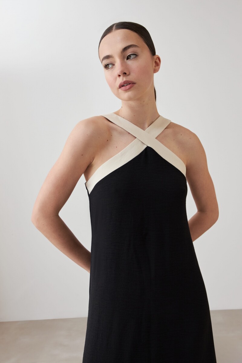 Maxi vestido escote halter bicolor negro