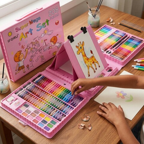 Set Kit Arte Dibujo Y Pinturas 208 Piezas Valija Infantil Variante Color Rosa
