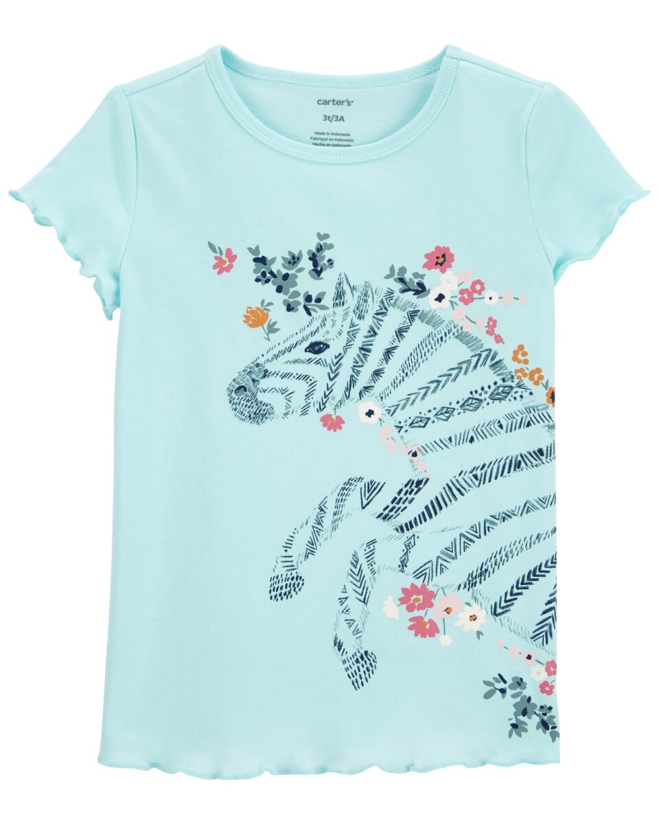 Remera de algodón, bordes festoneados, estampa cebra. Talles 2-5T 