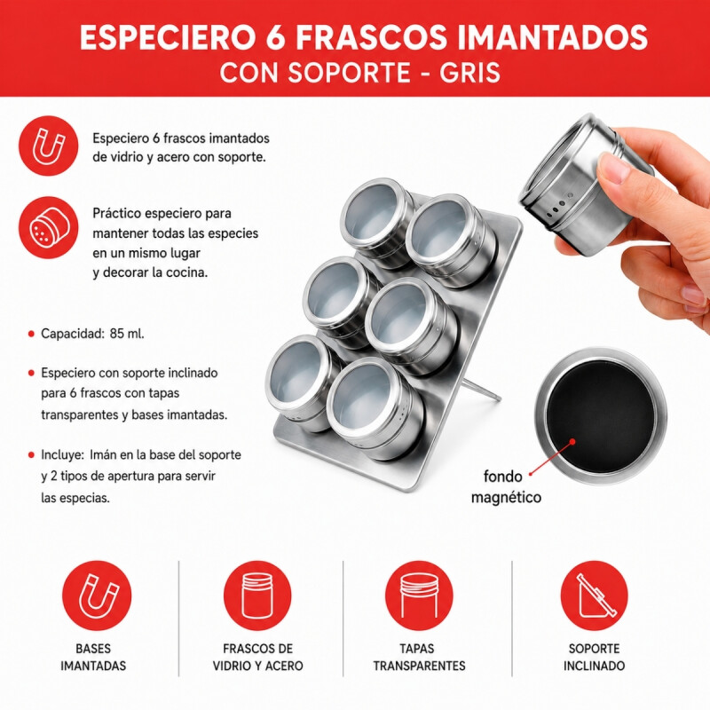 Especiero 6 frascos imantados con soporte GRIS