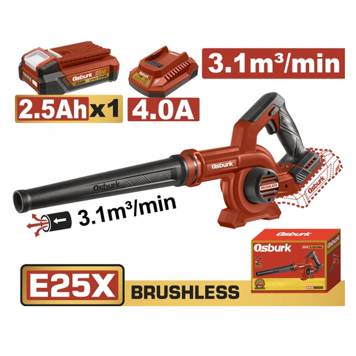 SOPLADORA A BATERIA 25V E25X 3.1M3/MIN + BAT 2.5AH + CARGADOR USO INDUSTRIAL OSB 