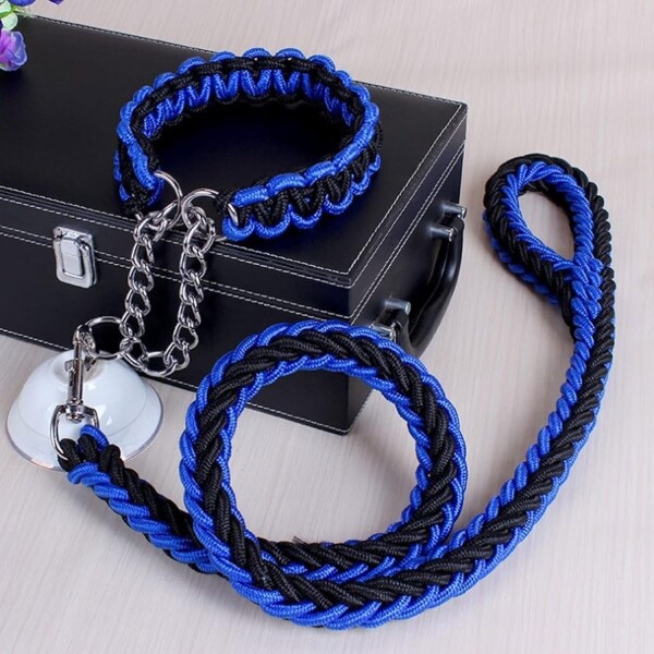 Correa Collar Reforzado Perros Semi Ahorque Cuerda Trenzada Variante Color Negro y Azul