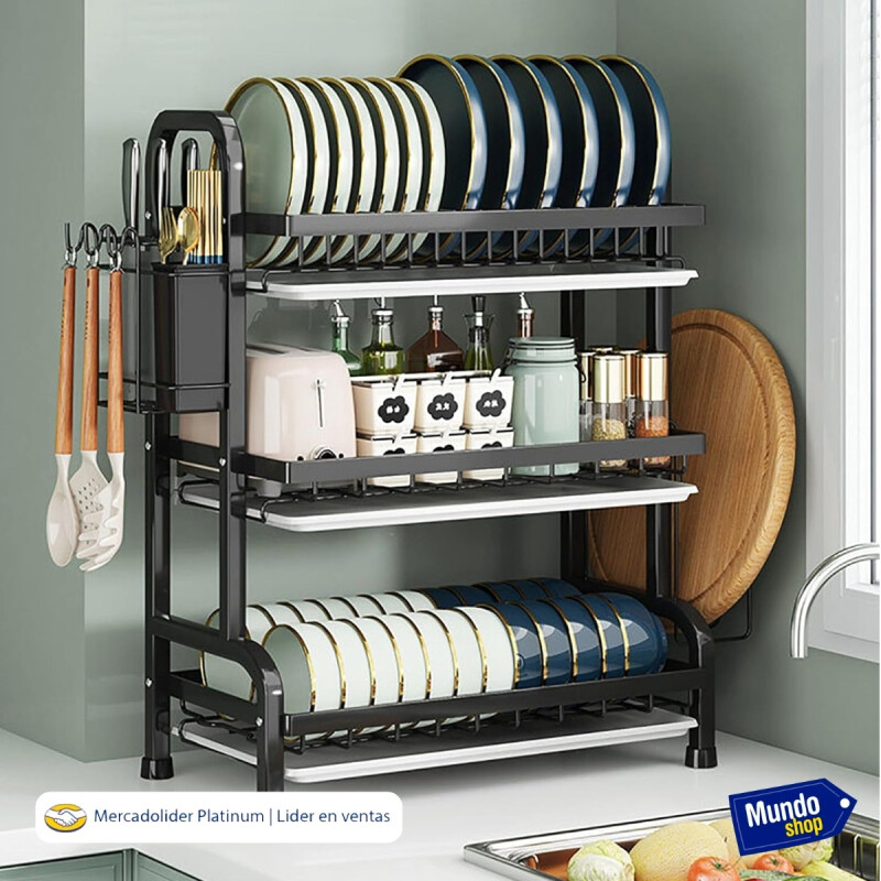 Escurridor De Platos Acero Tres Niveles Con Bandeja Negro