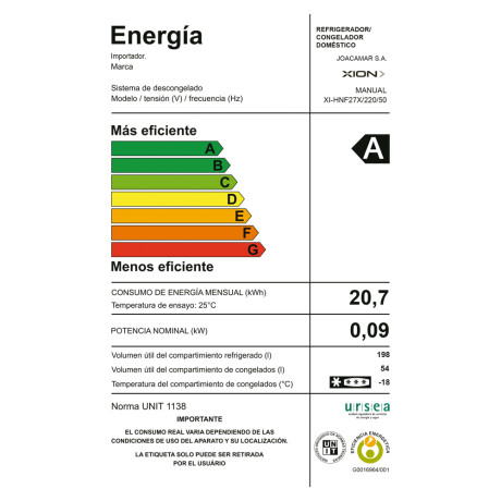 heladera con freezer 252 acero inoxidable XI-HNF27X ACERO INOXIDABLE