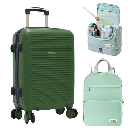Set Viaje Valija Rígida Mediana + Neceser + Mochila Plegable Verde