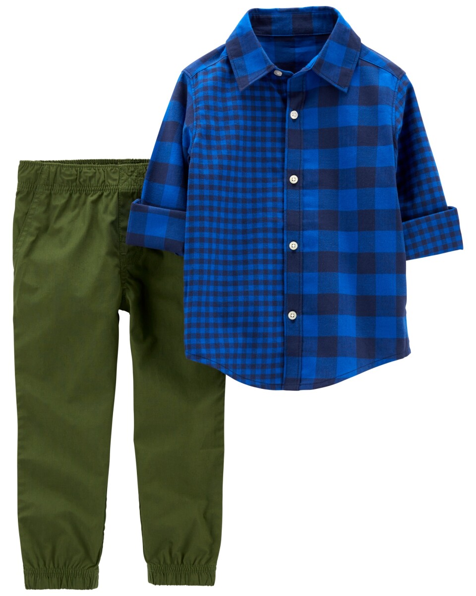 Set dos piezas pantalón y camisa diseño a cuadros de algodón 