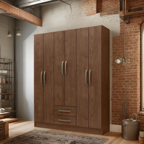 Ropero 6 puertas 2 cajones con estantes y perchero interior natural 172X136X35 - Marrón Ropero 6 puertas 2 cajones con estantes y perchero interior natural 172X136X35 - Marrón