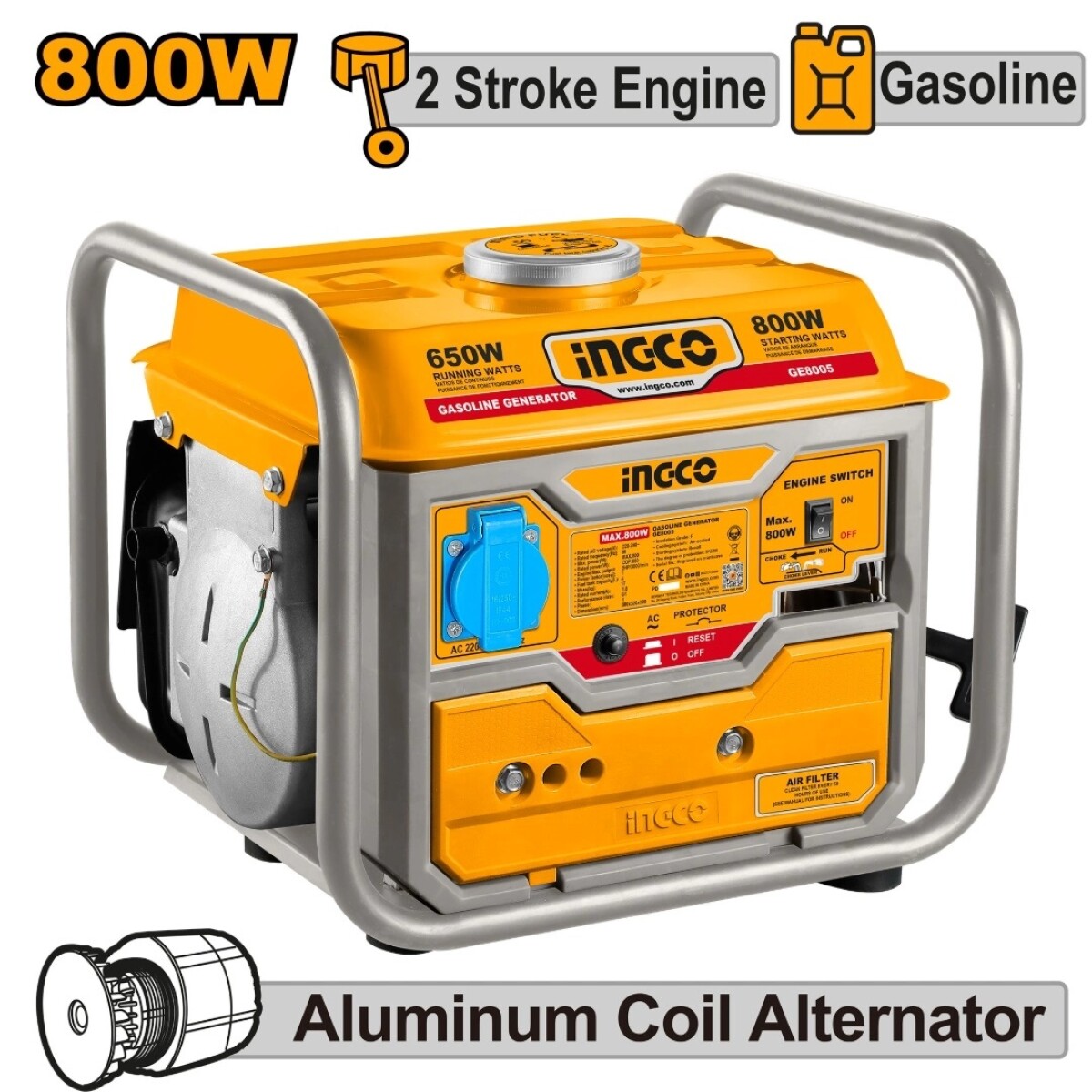 GENERADOR A GASOLINA 800W INGCO GE8005 - AMARILLO-NEGRO 