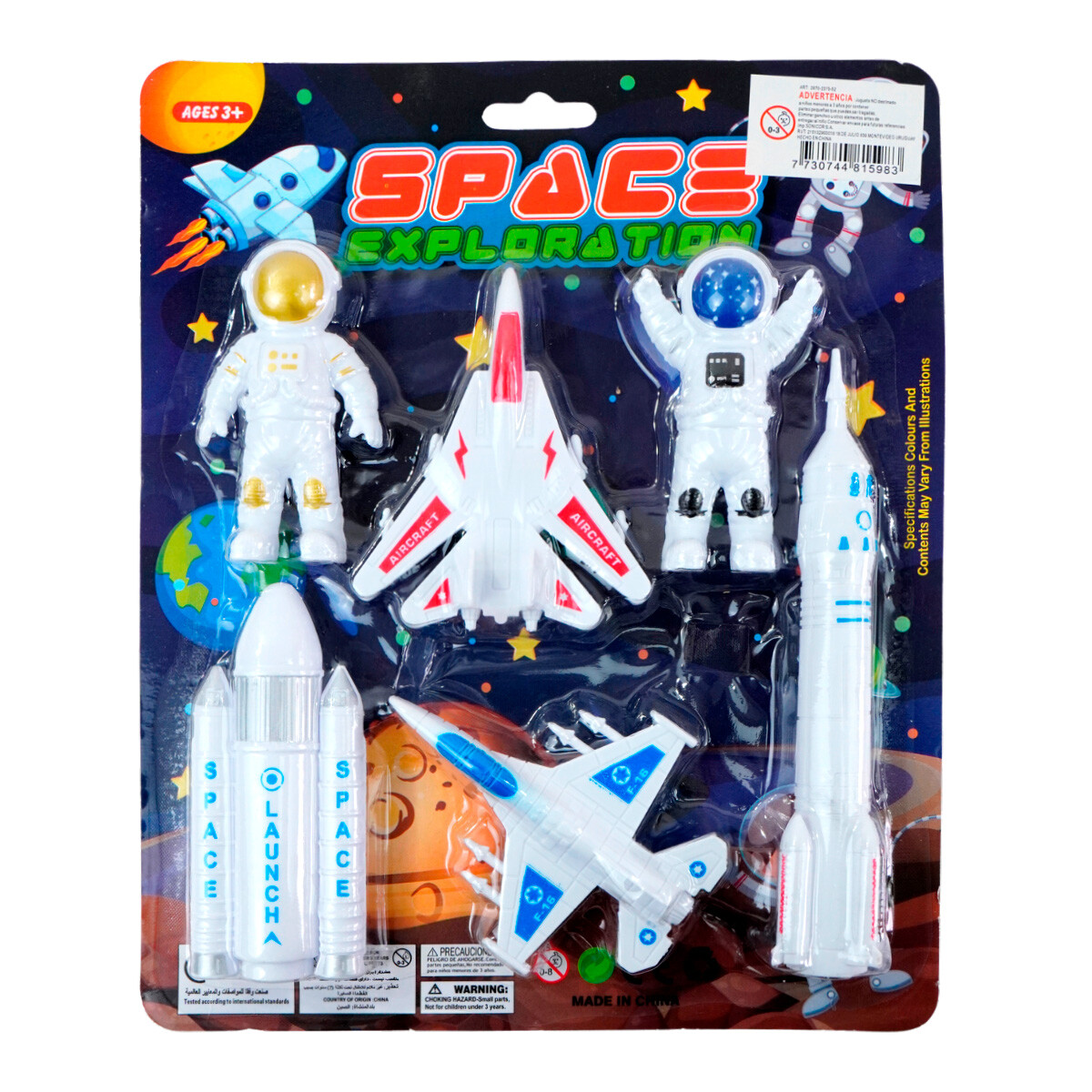Set de astronautas, cohetes y aviones 