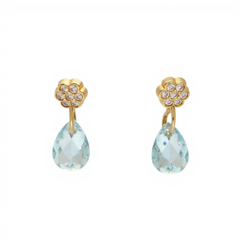 Caravanas Flor y Lagrima Aguamarina - Oro bajo - Aguamarina y Zirconias - CA8095 conpiedra