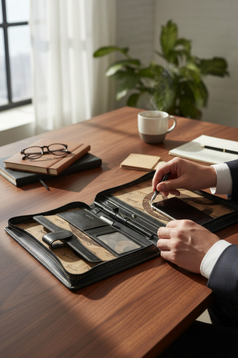 Dosier Mediano Profesional en cuero genuino Negro