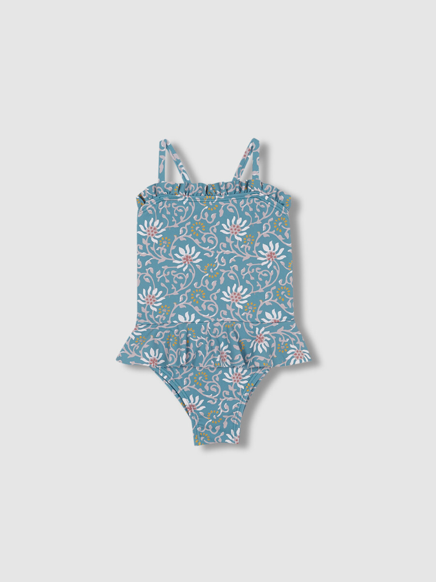 Bañador Estampado Flores Con Volante Azul Pato